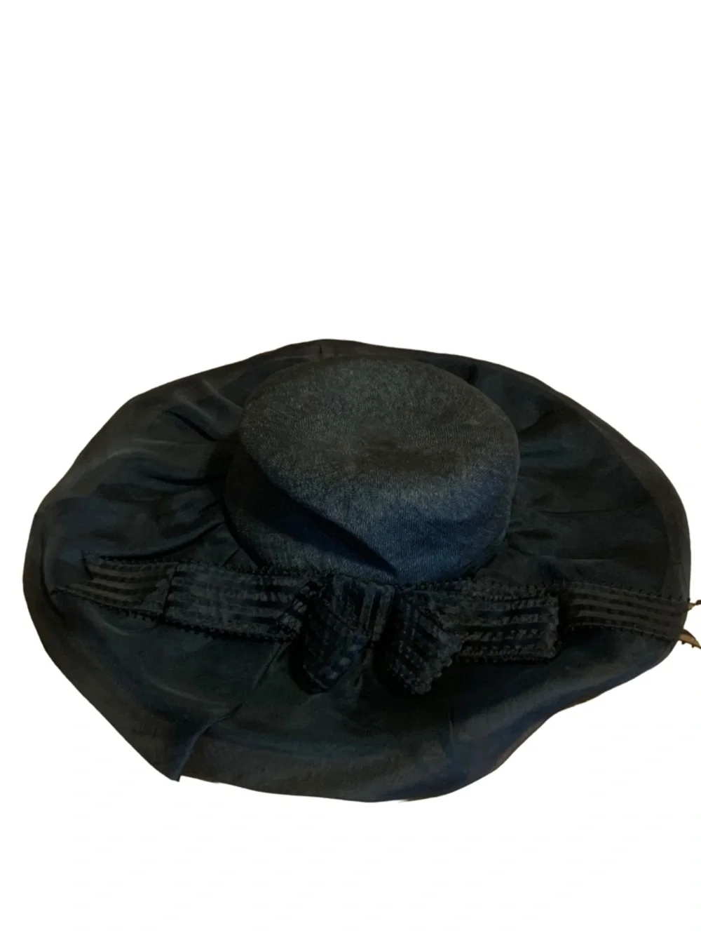 VINTAGE ADOLFO II BLACK WIDE BRIM LINEN HAT WITH STRIPED BOW - Picture 8 of 12